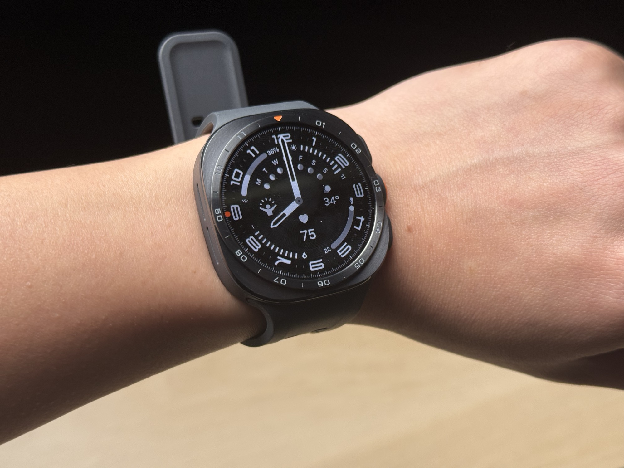 The Galaxy Watch Ultra 2 worn on a wrist, showing its real size