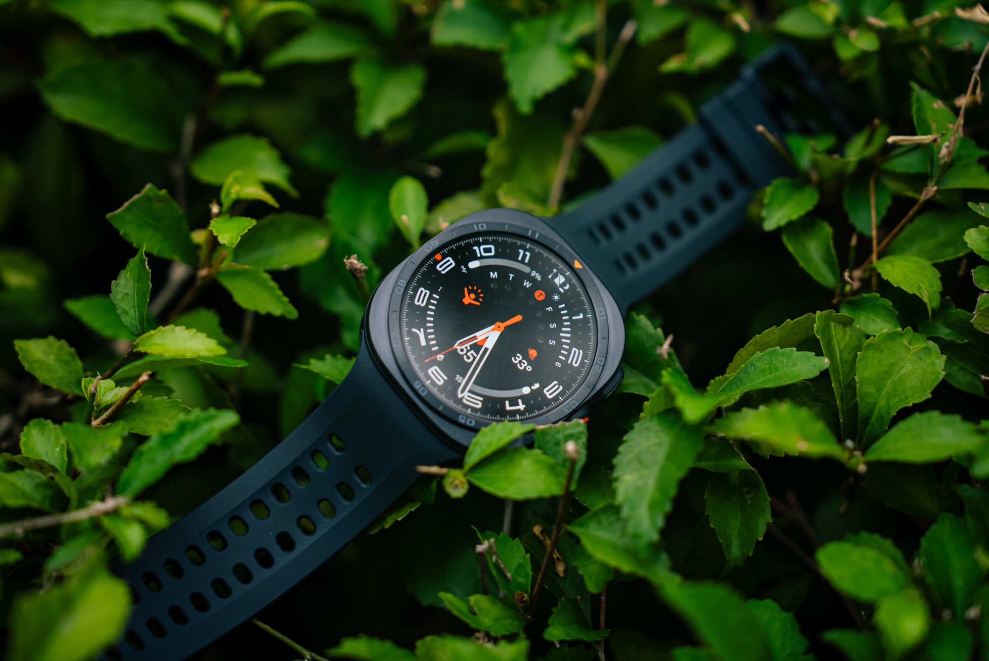 The Samsung Galaxy Watch Ultra2 with its dark sport band, photographed outdoors