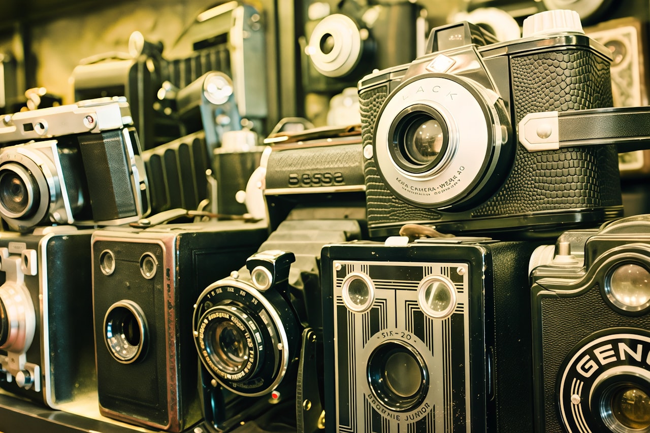 A shelf of vintage cameras in a camera shop
