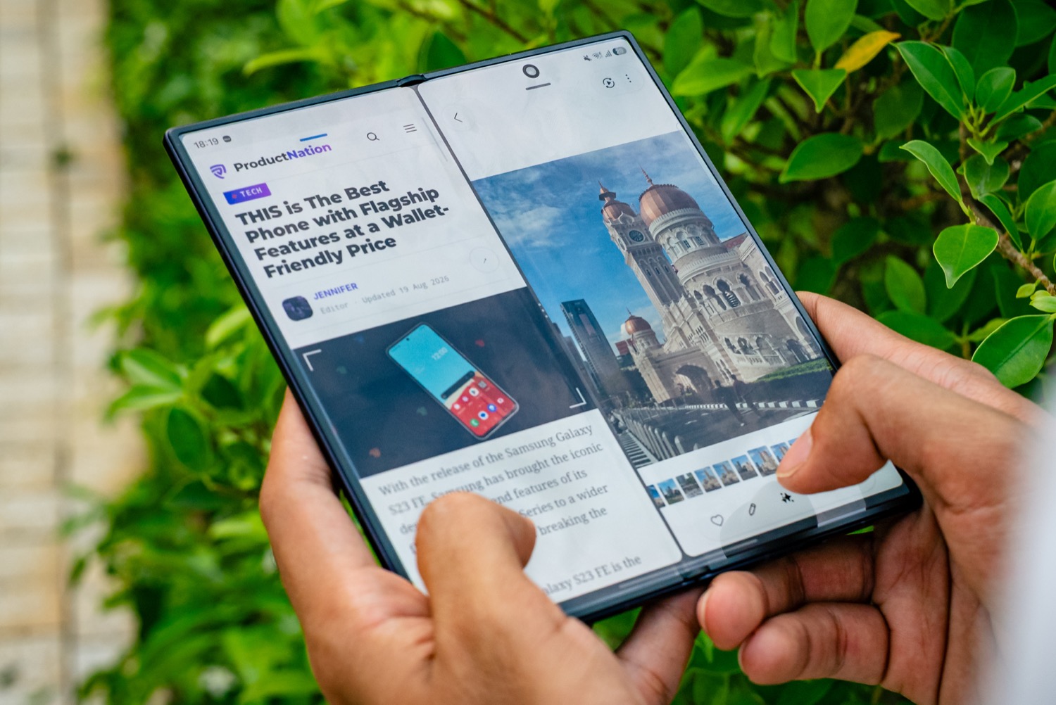The Galaxy Z Fold8 Ultra open, our site on one half and a photograph on the other The Galaxy Z Fold8 Ultra open, our site on one half and a photograph on the other