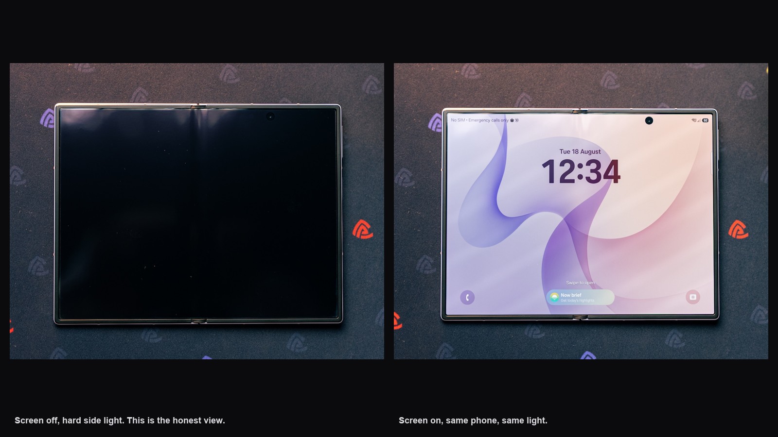 Our own Galaxy Z Fold8, photographed twice in the same light: screen off, then screen on. This shows how the crease appears under consistent lighting. Photos by ProductNation, 18 August 2026. Our own Galaxy Z Fold8, photographed twice in the same light: screen off, then screen on. This shows how the crease appears under consistent lighting. Photos by ProductNation, 18 August 2026.