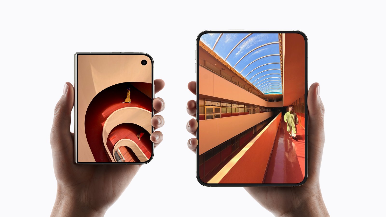iPhone Duo closed and open showing the 5.4-inch and 7.6-inch displays, Apple press image