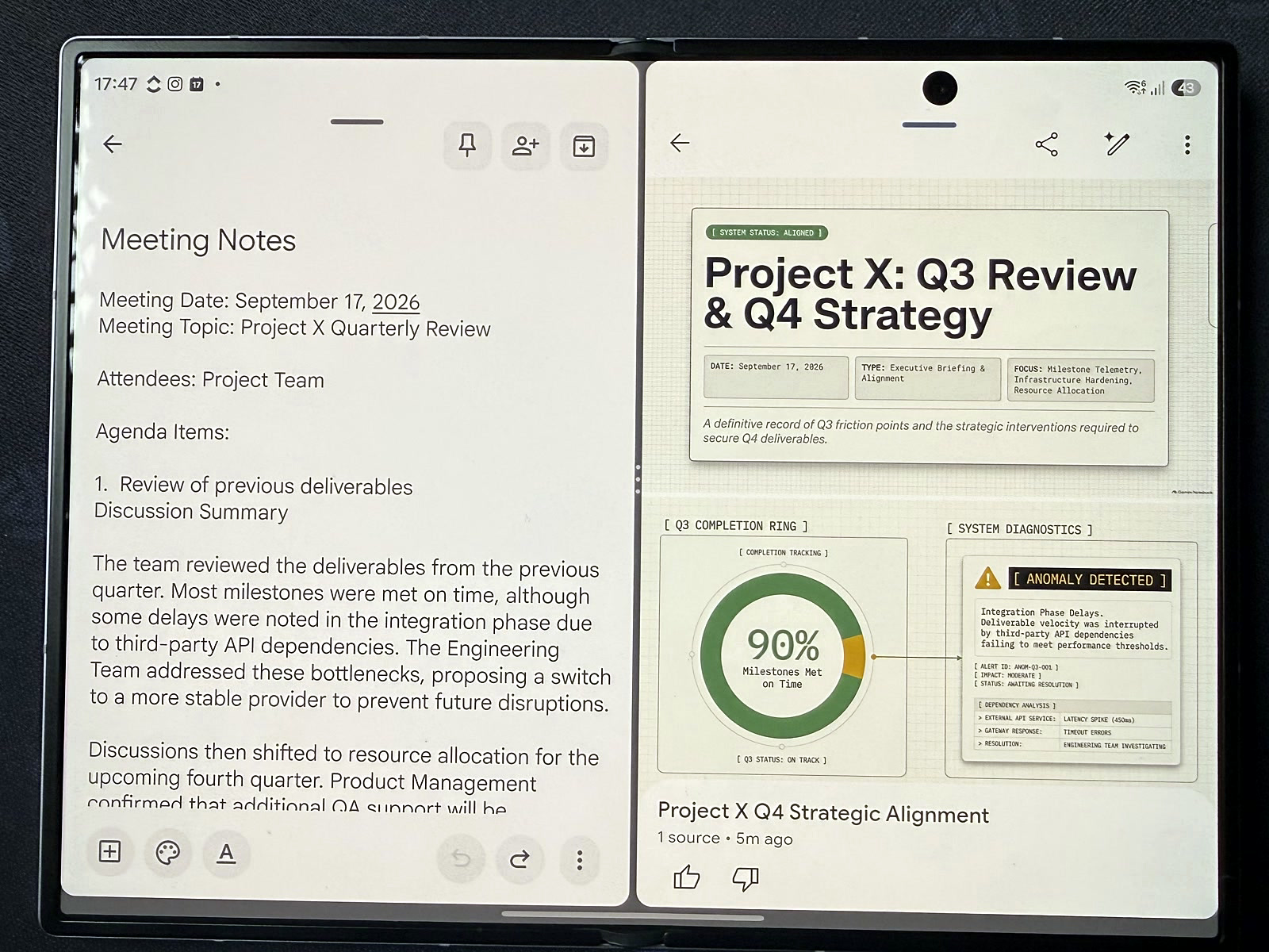 Gemini Notebook slide deck made from meeting notes on the Galaxy Z Fold8 inner screen