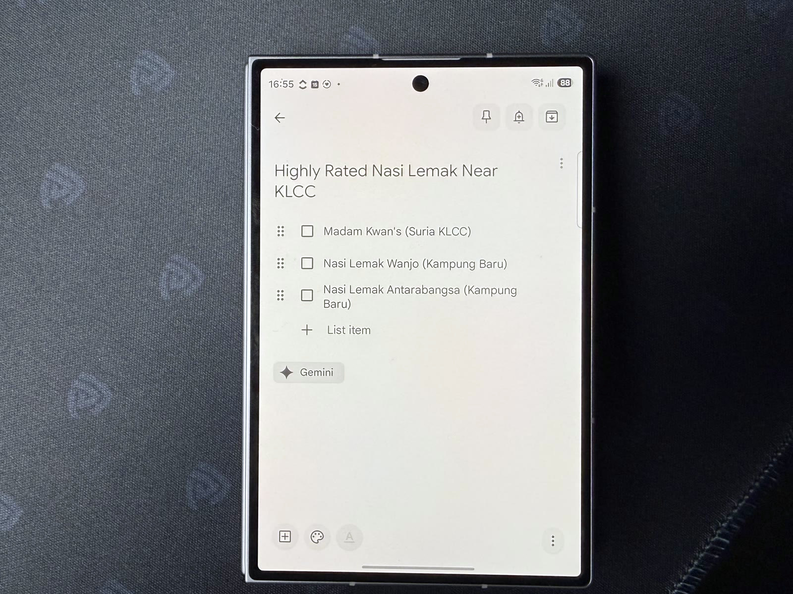 Google Keep note created by Gemini on the Galaxy Z Fold8