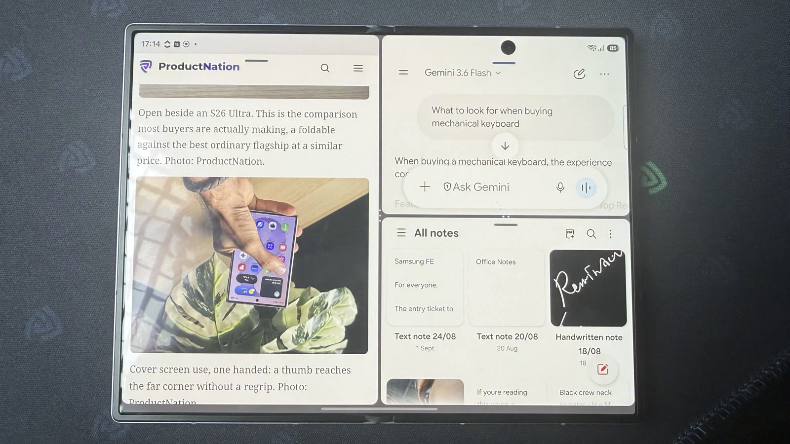 Three-way Split View on the Galaxy Z Fold8 with Chrome, Gemini and Samsung Notes