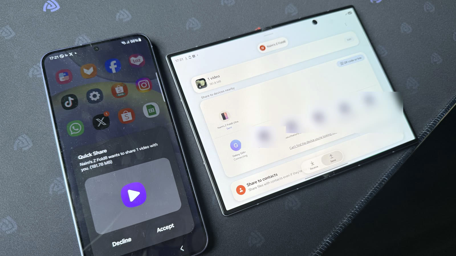 Quick Share sending a 181.8MB video from the Galaxy Z Fold8 to a Galaxy phone