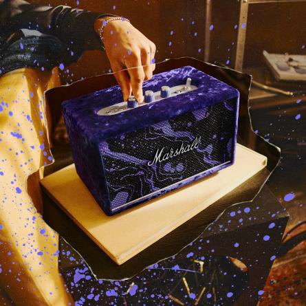 Marshall Hendrix Edition Acton III speaker in crushed purple velvet with a silver control panel and purple knobs