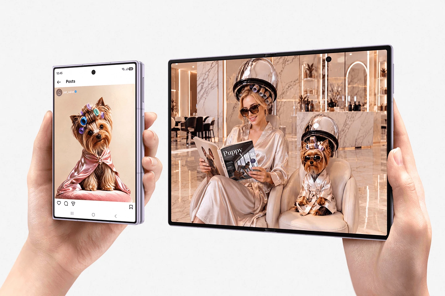 Samsung Galaxy Z Fold8 Ultra shown folded in one hand and unfolded as a large inner display in another