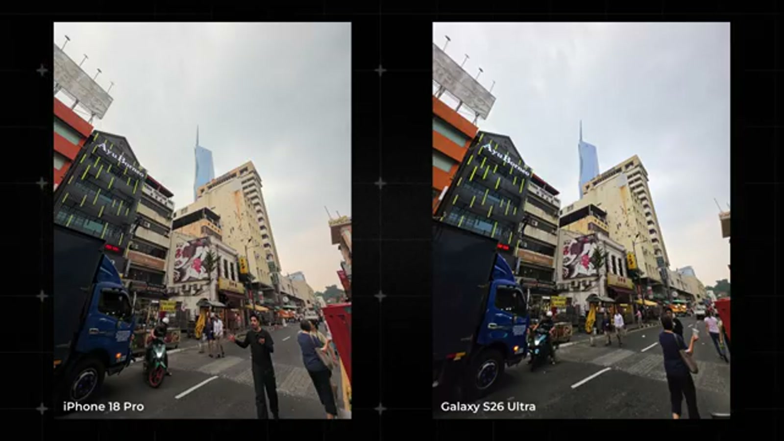 iPhone 18 Pro Max versus Galaxy S26 Ultra ultra wide camera test street scene iPhone 18 Pro Max versus Galaxy S26 Ultra ultra wide camera test street scene