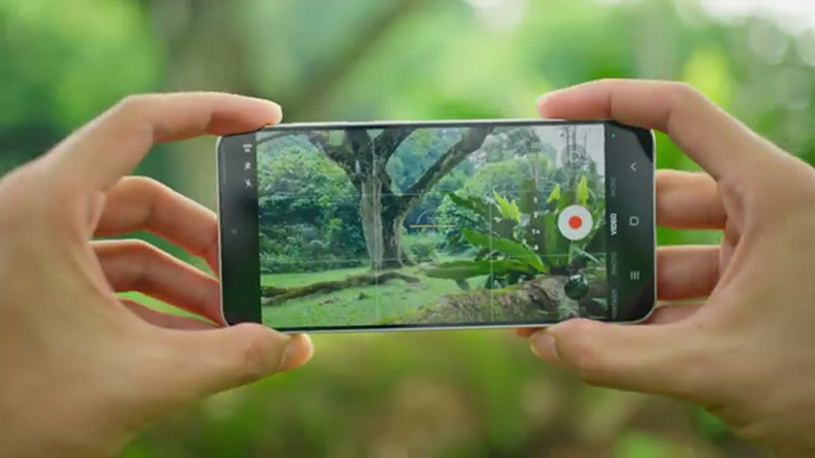 Galaxy S26 FE recording video in a garden, camera app viewfinder Galaxy S26 FE recording video in a garden, camera app viewfinder