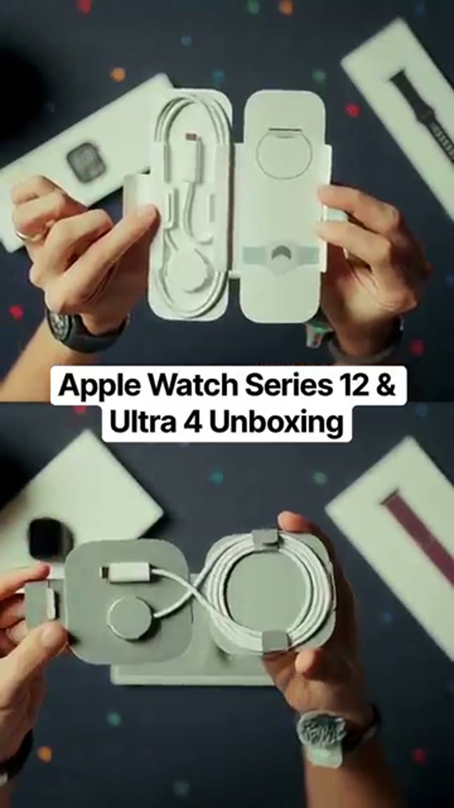 Charging cable and puck trays for Apple Watch Series 12 and Apple Watch Ultra 4 side by side Charging cable and puck trays for Apple Watch Series 12 and Apple Watch Ultra 4 side by side