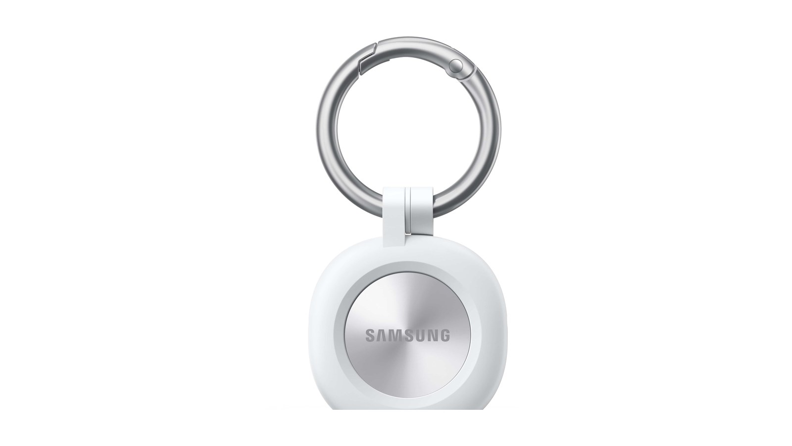 Penjejak Bluetooth Samsung Galaxy SmartTag3 warna putih disangkut pada gelang kunci