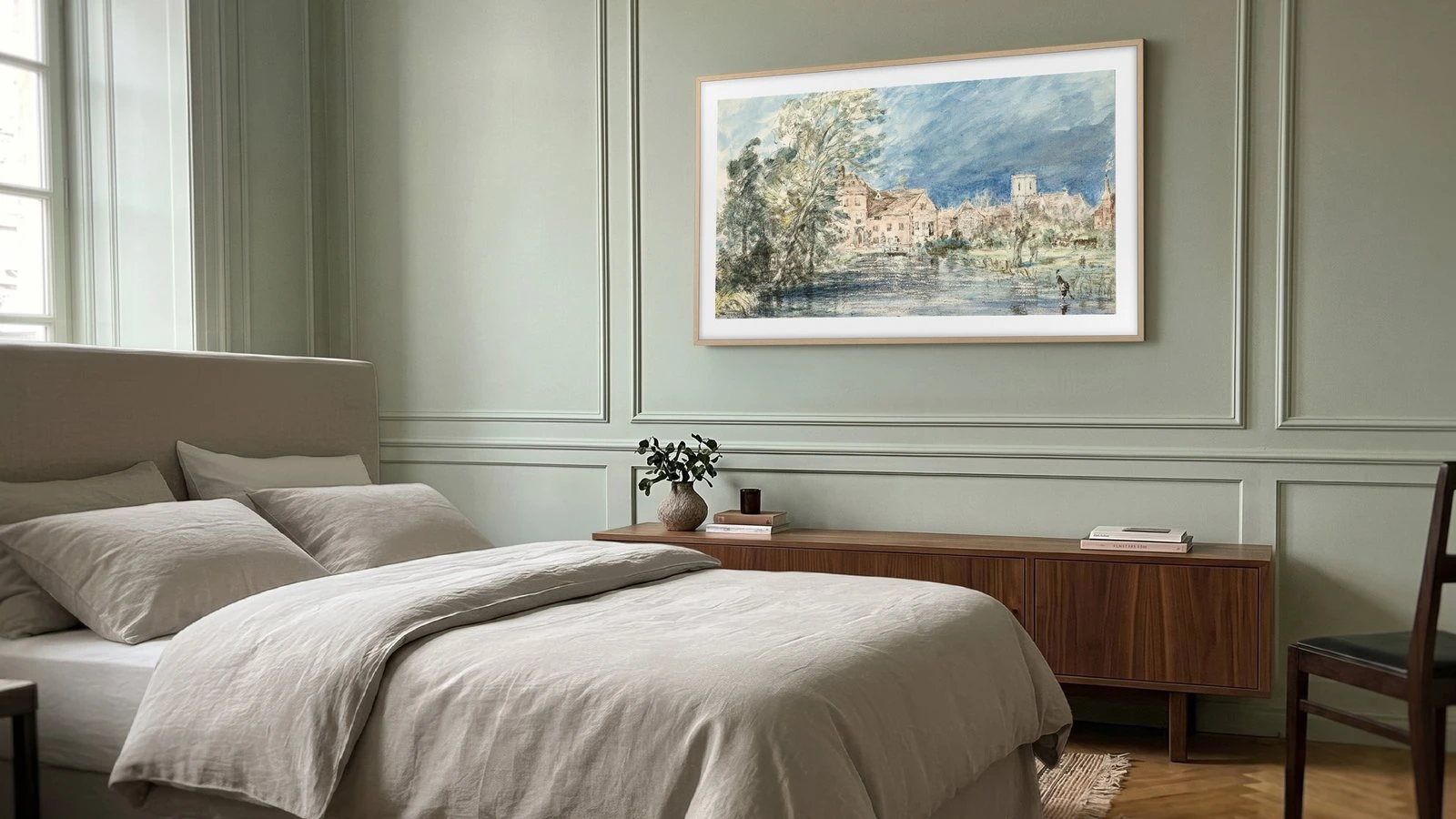 Samsung The Frame TV showing Constable's Fisherton Mill watercolour from the British Museum collection in a bedroom