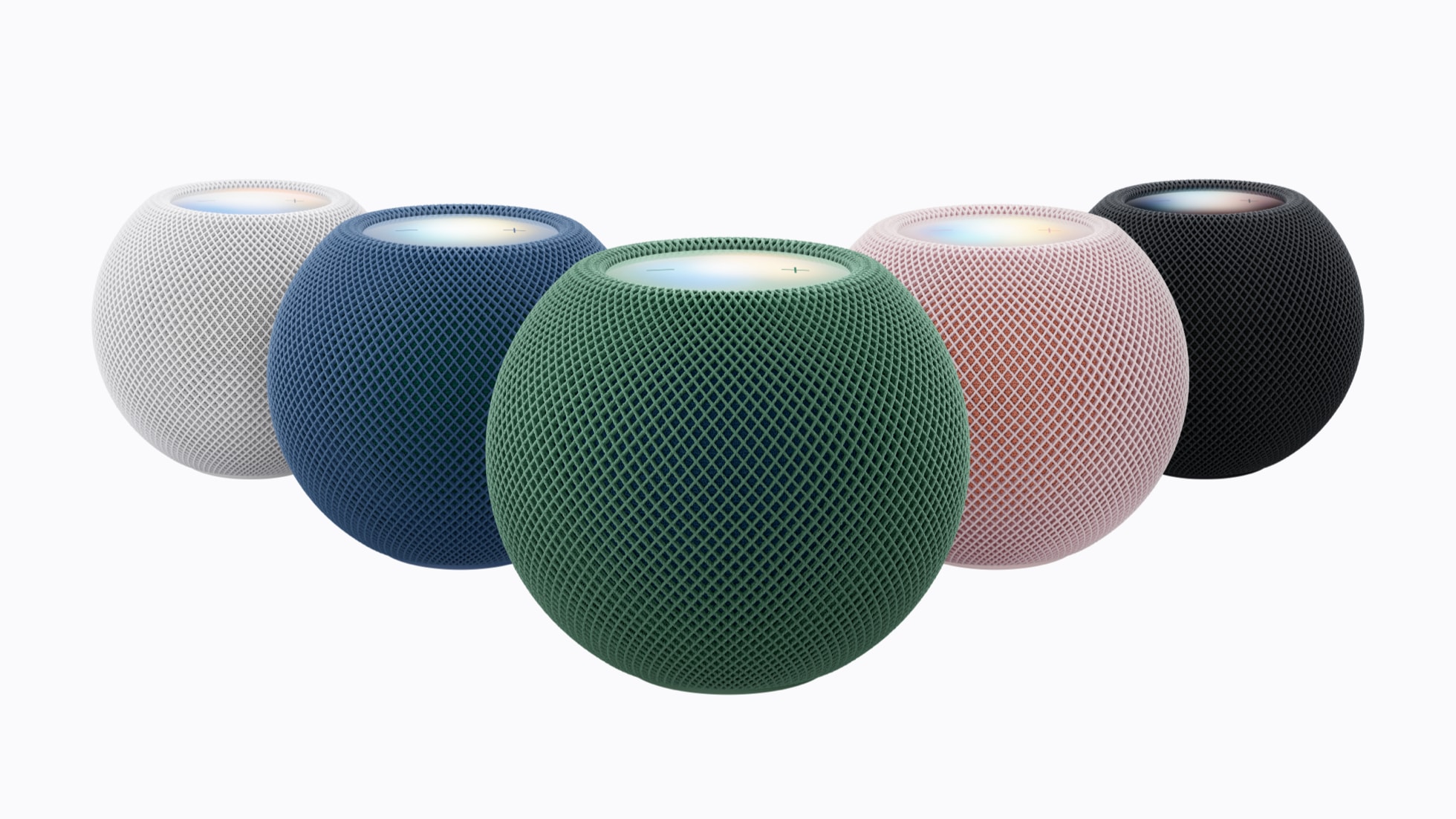 Barisan HomePod mini 2 dalam warna putih, biru, hijau, merah jambu dan tengah malam