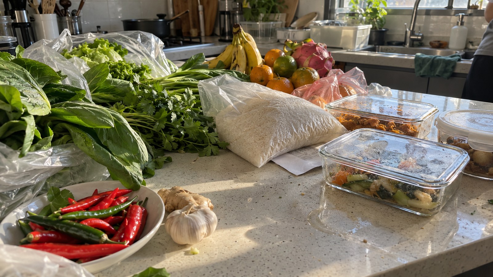 Fresh groceries unpacked on a Malaysian kitchen counter, the kind of weekly haul a family fridge has to keep fresh