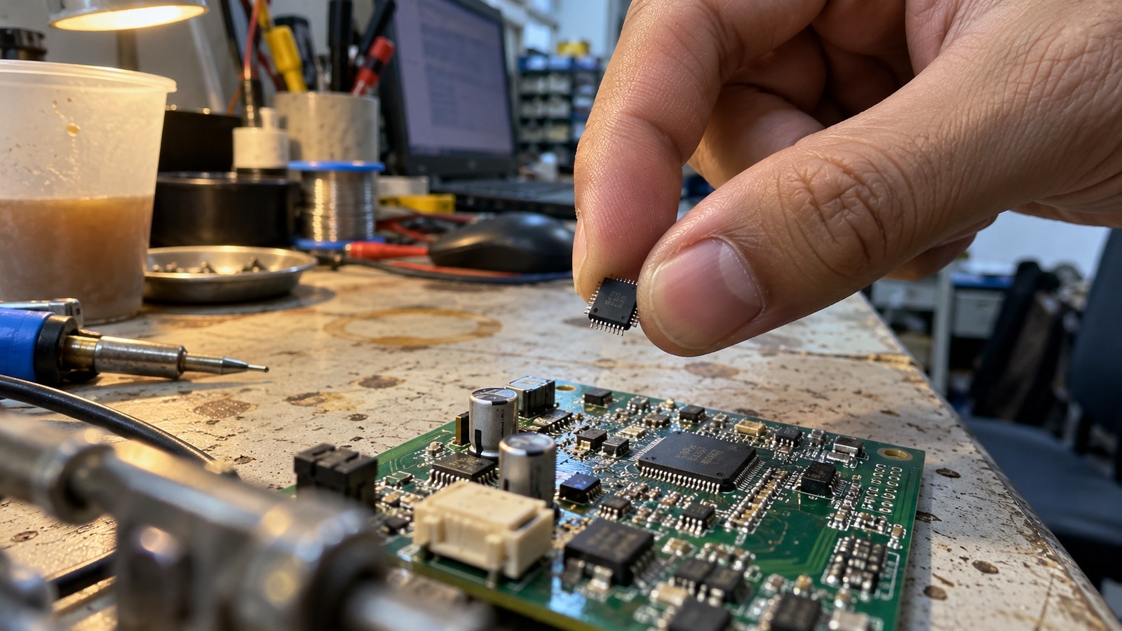 A semiconductor chip held above a circuit board on an engineering workbench, photo illustration