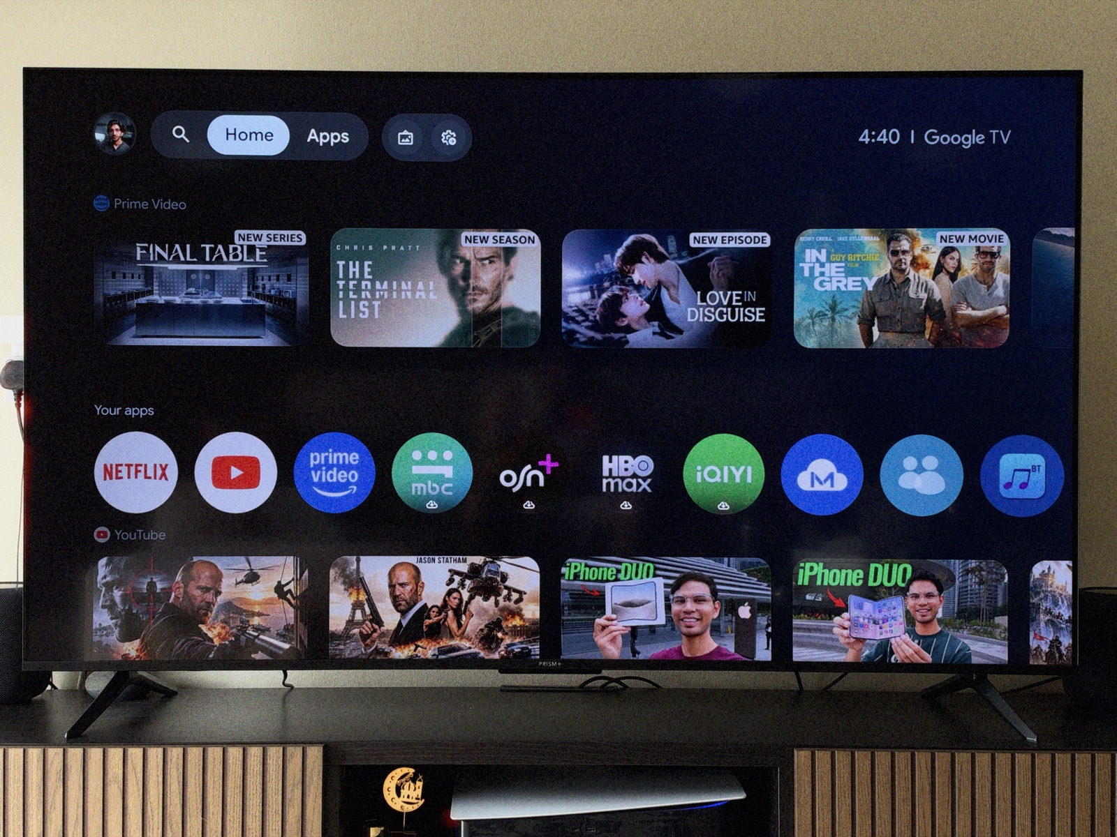 Google TV home screen on the PRISM+ Q65 Ultra