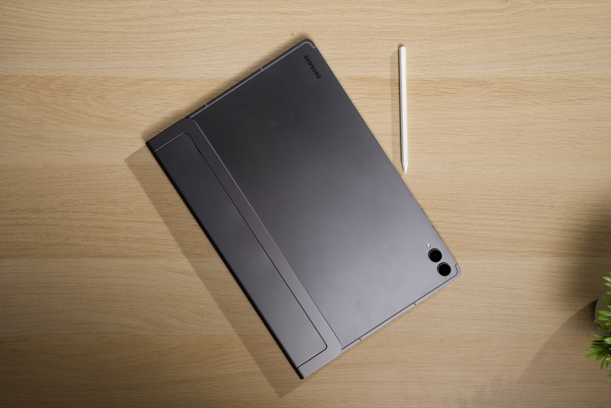 Back of the Galaxy Tab S12 Ultra with the Samsung logo and two rear cameras, and the S Pen beside it