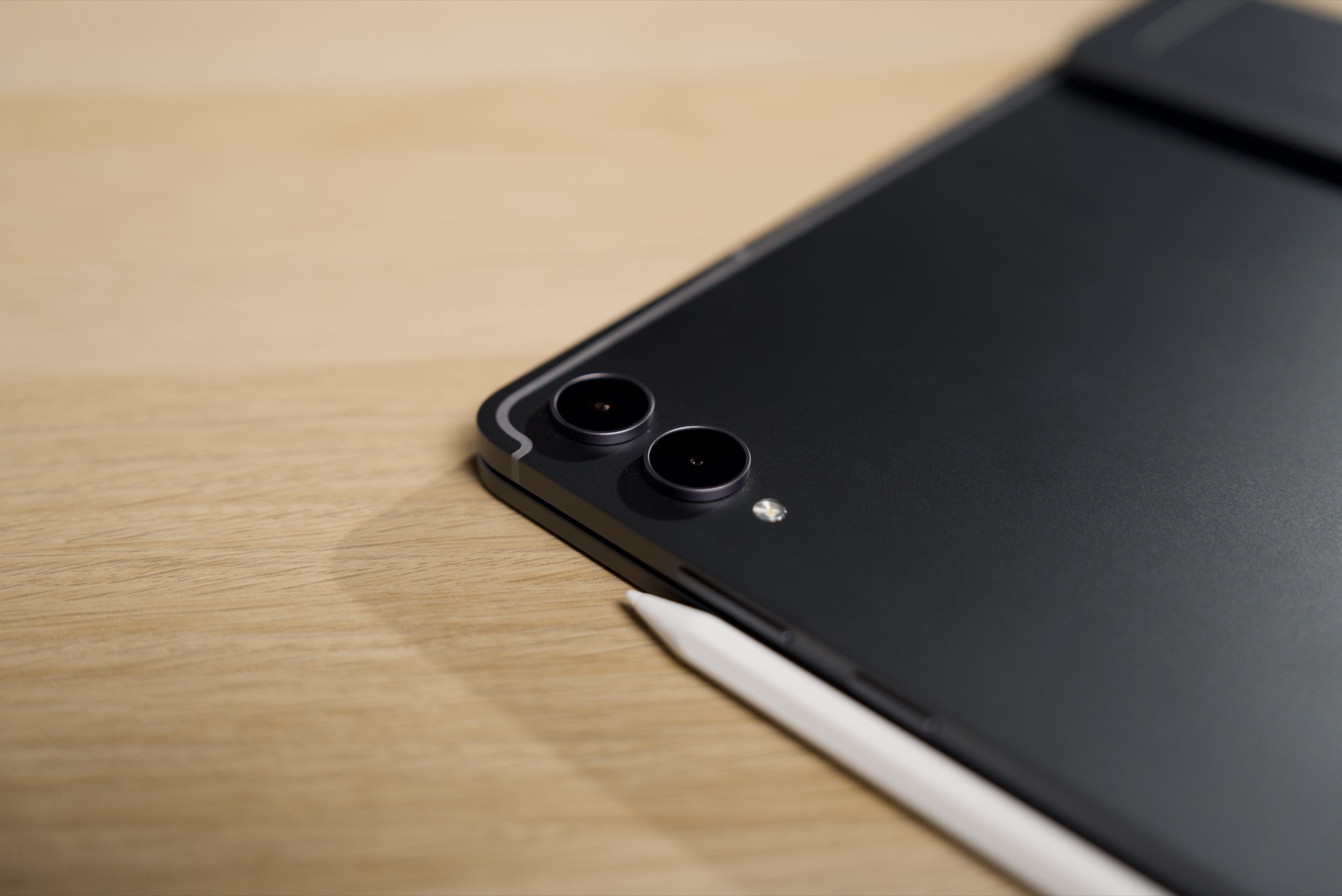 Close-up of the two rear cameras and flash on the Galaxy Tab S12 Ultra, with the S Pen along the edge