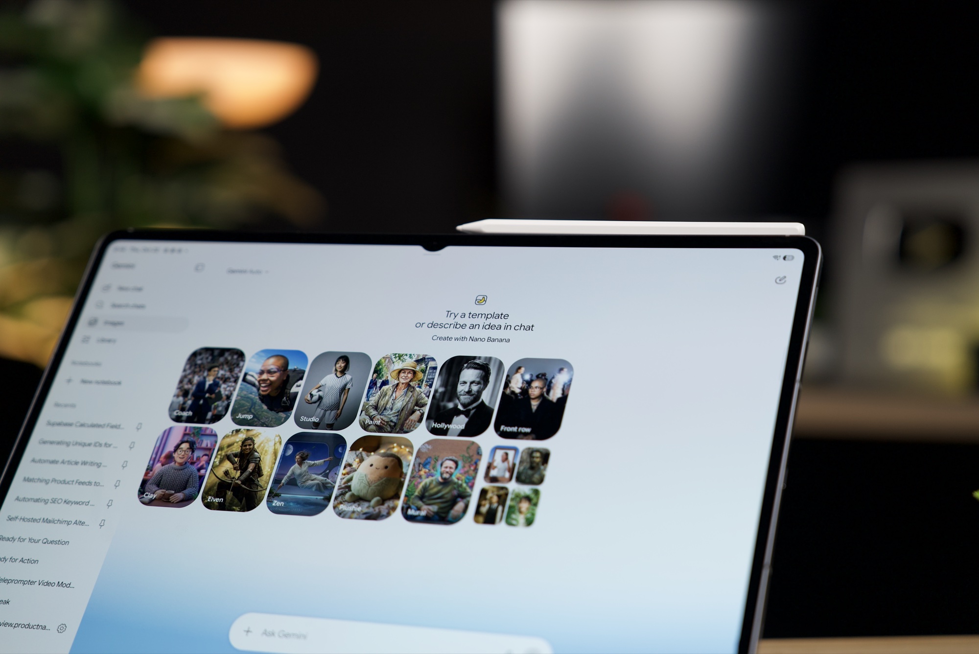 Gemini's image template screen on the Galaxy Tab S12 Ultra, with the S Pen on the top edge