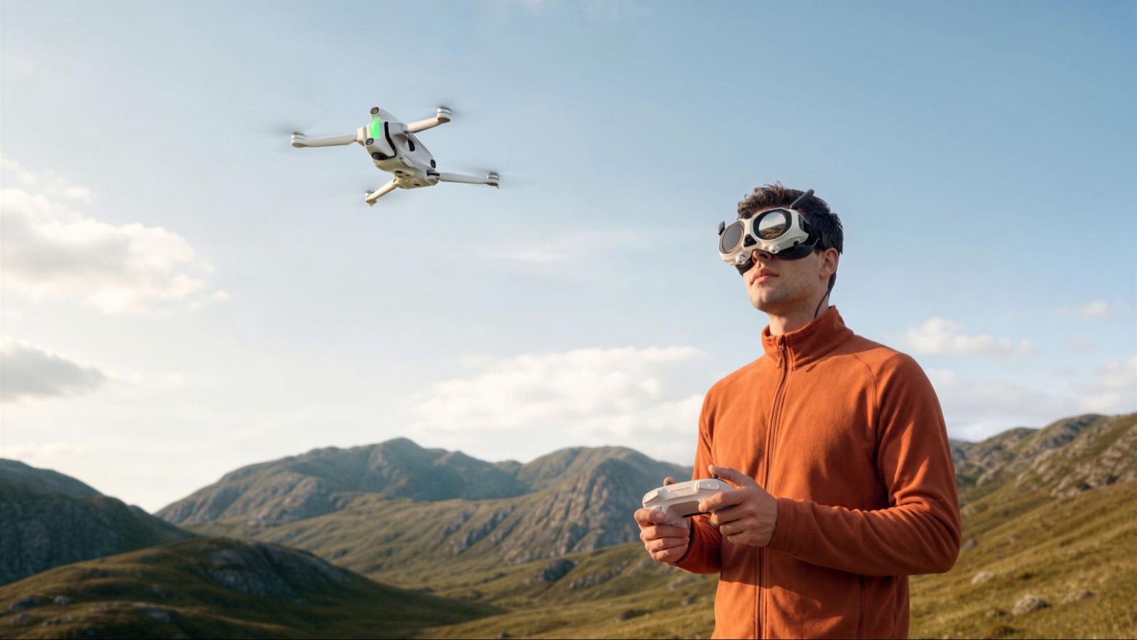 A pilot wearing Antigravity Vision goggles flies the A1 drone with the new Remote Controller in the hills