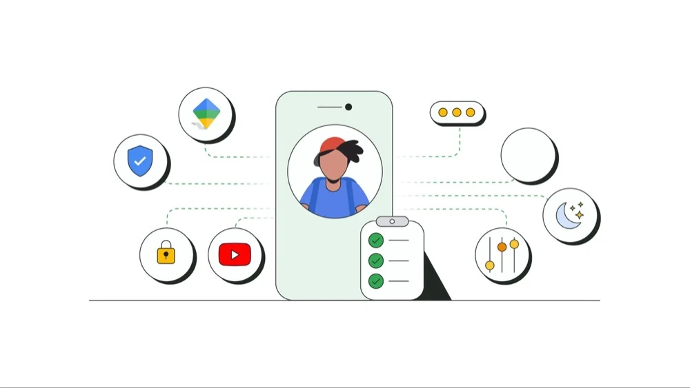 Google illustration of a teen user surrounded by safety settings icons
