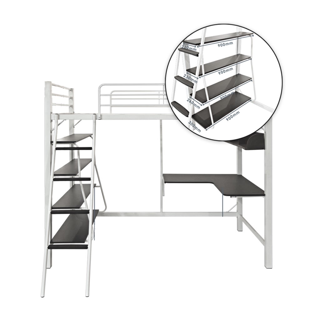 KitchenZ 3V Loft Singles Size Bed Frame with Study Table & Book Shelves