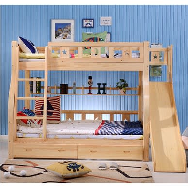 Solid Wood Double Decker Bunk Bed with Slide