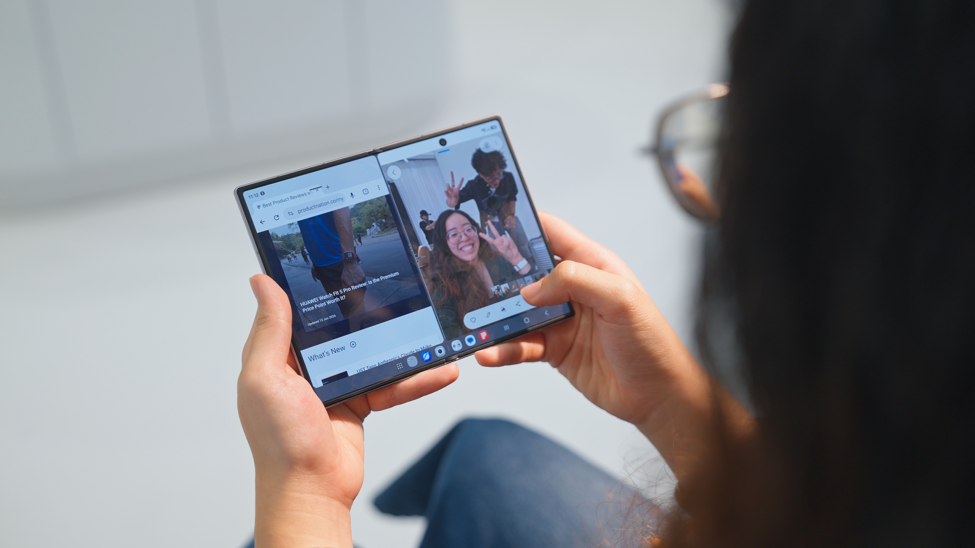 Galaxy Z Fold8 open, two apps running side by side on the inner screen