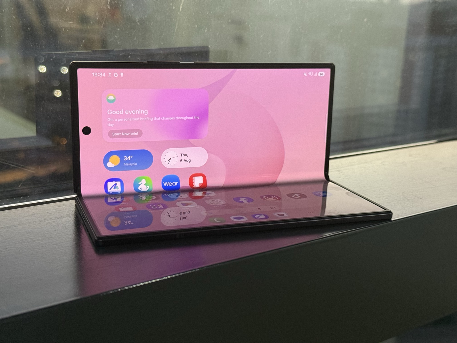 Galaxy Z Fold8 Ultra propped in Flex Mode