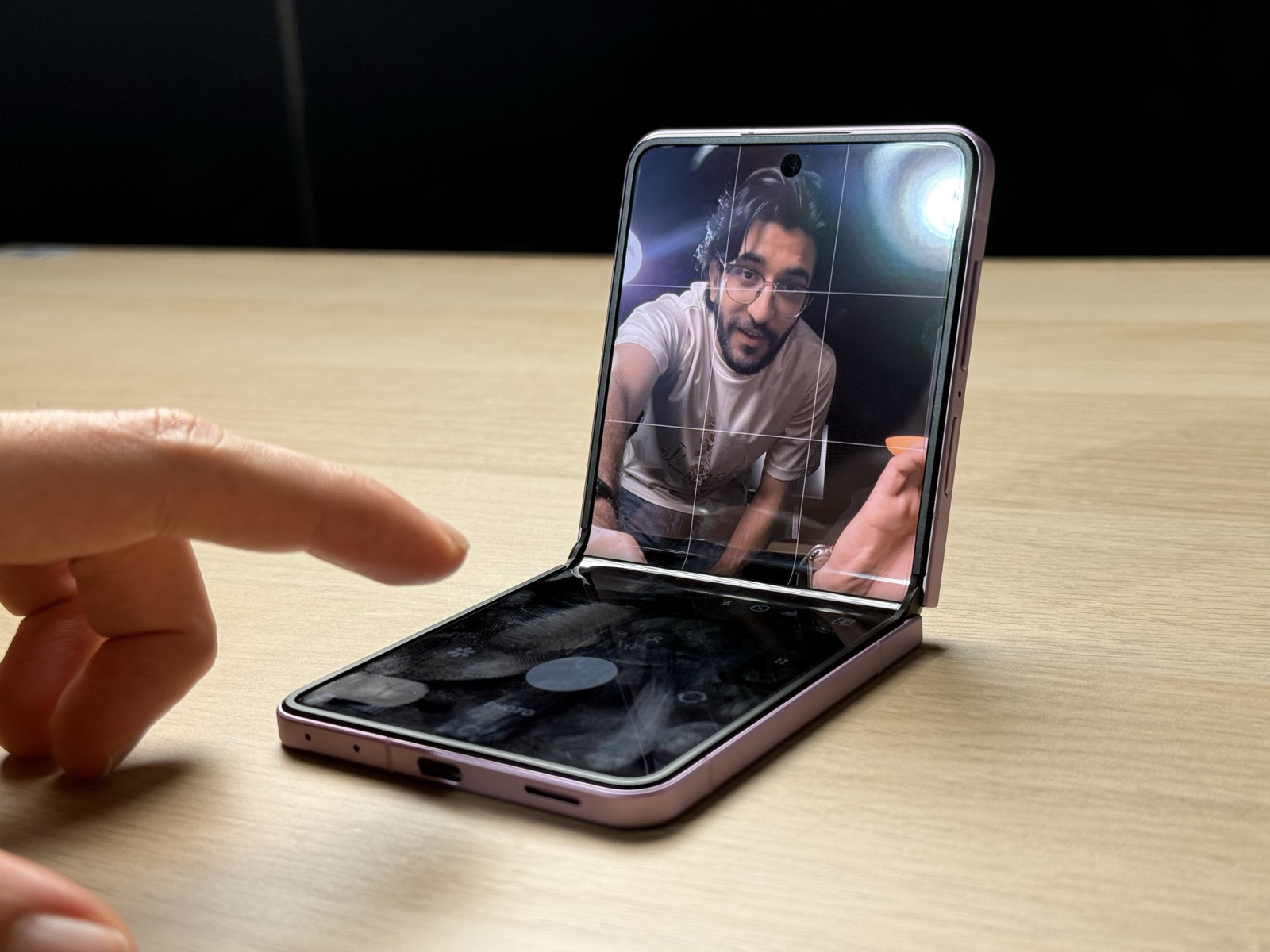 Galaxy Z Flip8 propped in Flex Mode for a hands free video call