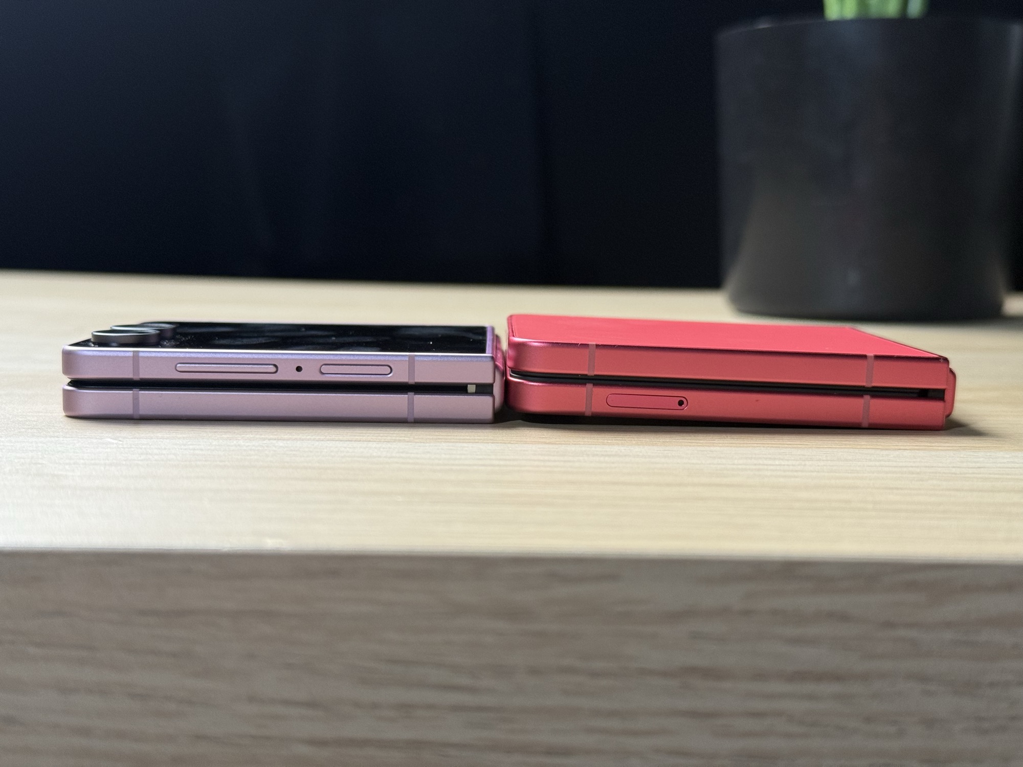 The Galaxy Z Flip8 closed and seen edge on beside the previous Flip