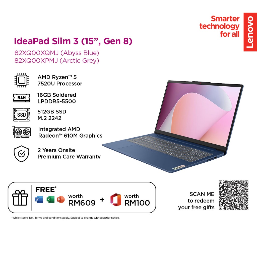 Lenovo IdeaPad Slim 3 15AMN8 laptop, open, front view