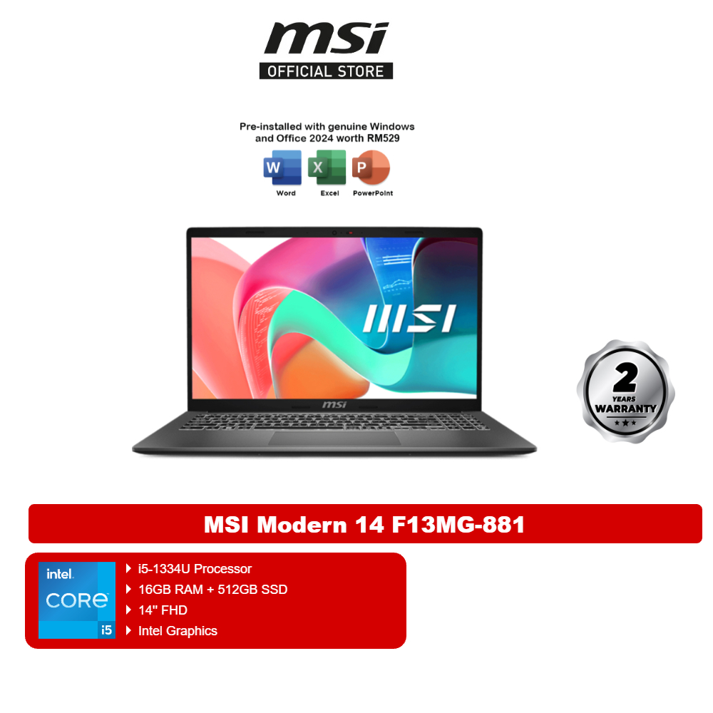 MSI Modern 14 F13MG laptop, open, front view