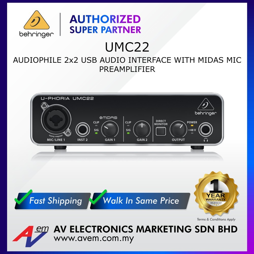 Behringer U-Phoria UMC22 USB audio interface with Midas preamp