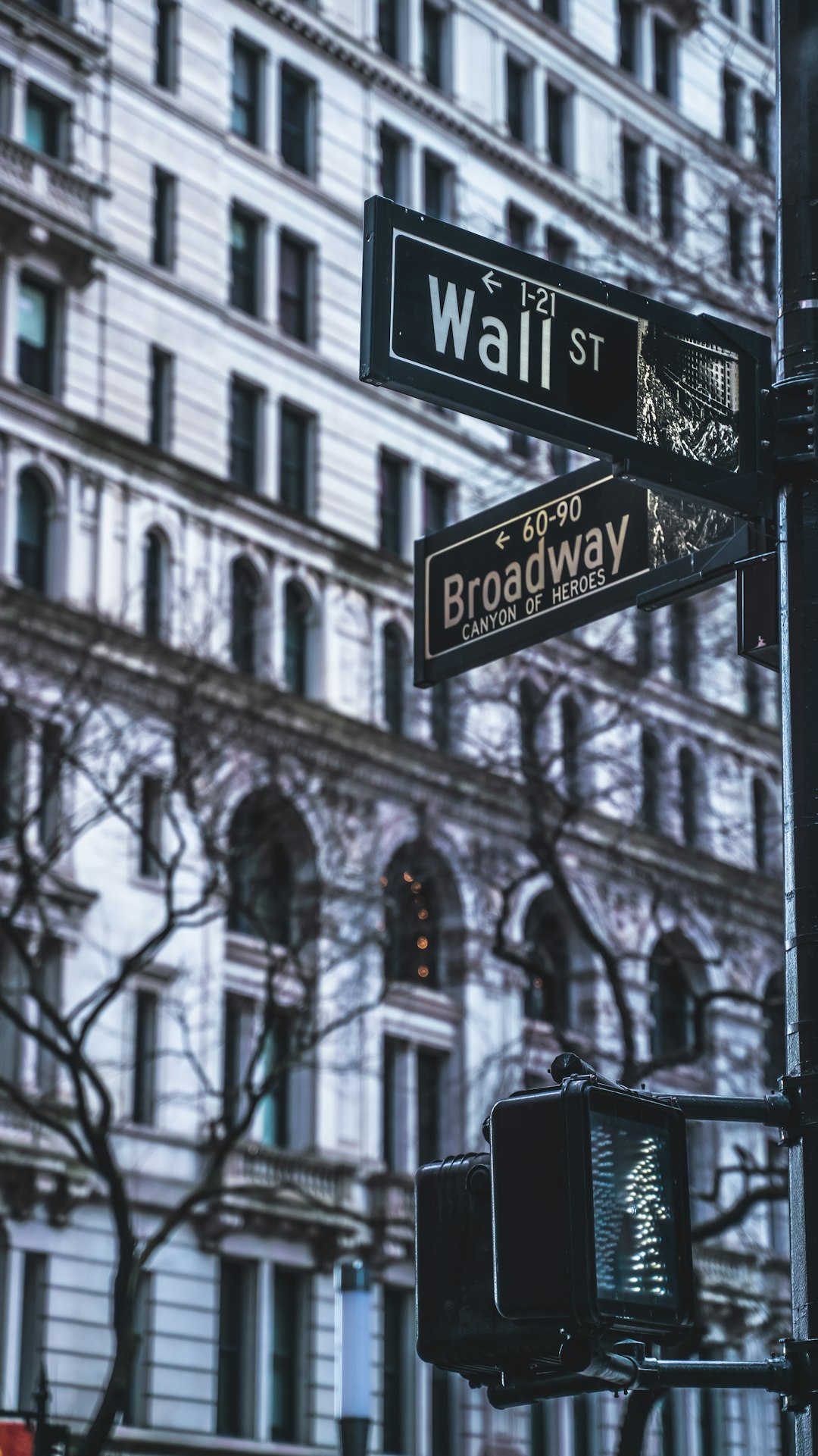 Papan tanda jalan Wall Street dan Broadway di daerah kewangan New York