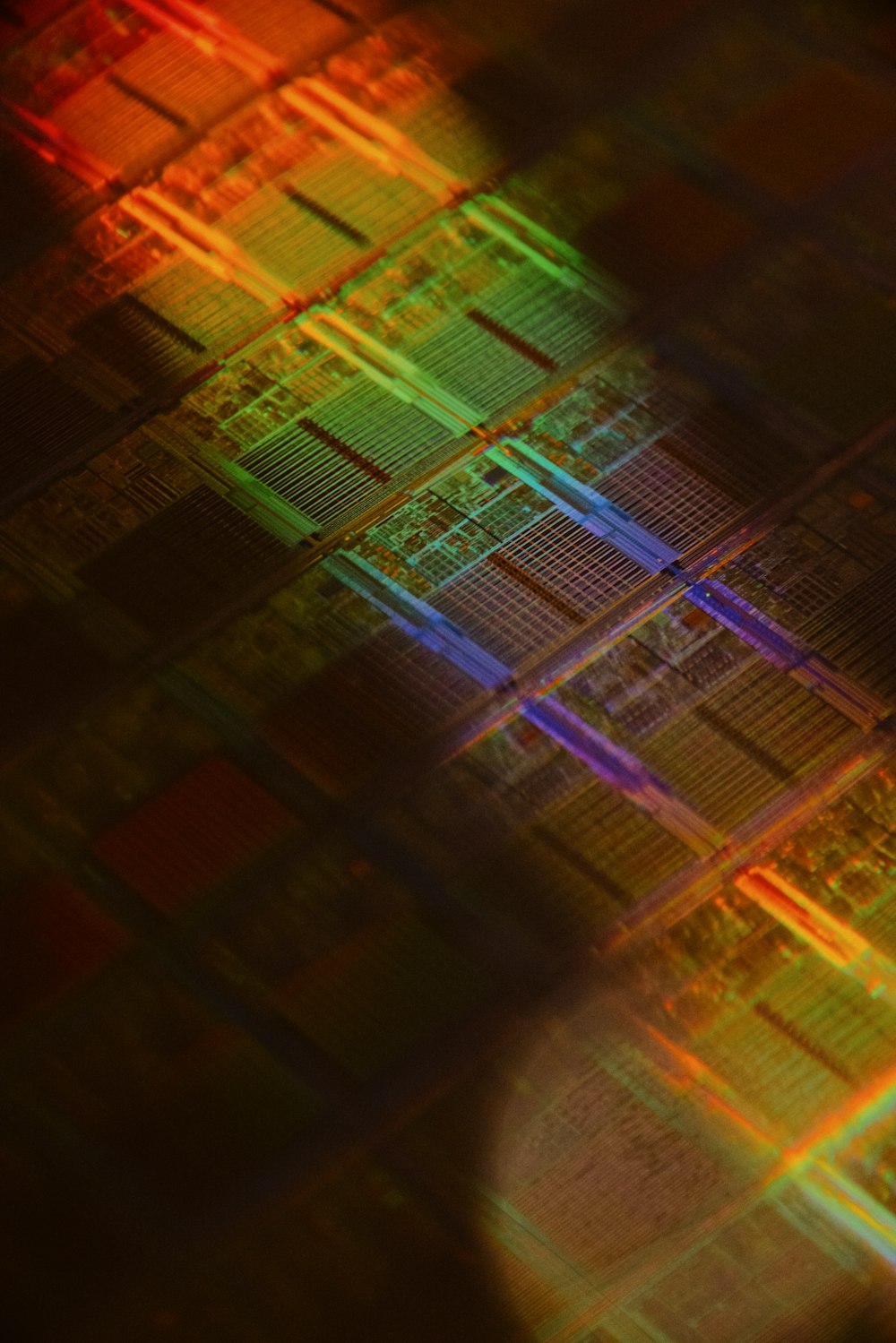 Close-up of a multicoloured computer chip