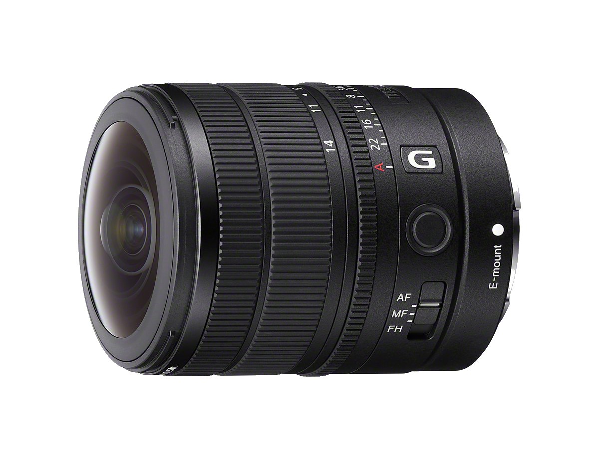 Sony FE 8-14mm F3.5 Fisheye G lens, showing its bulbous fisheye front element, zoom scale and G badge