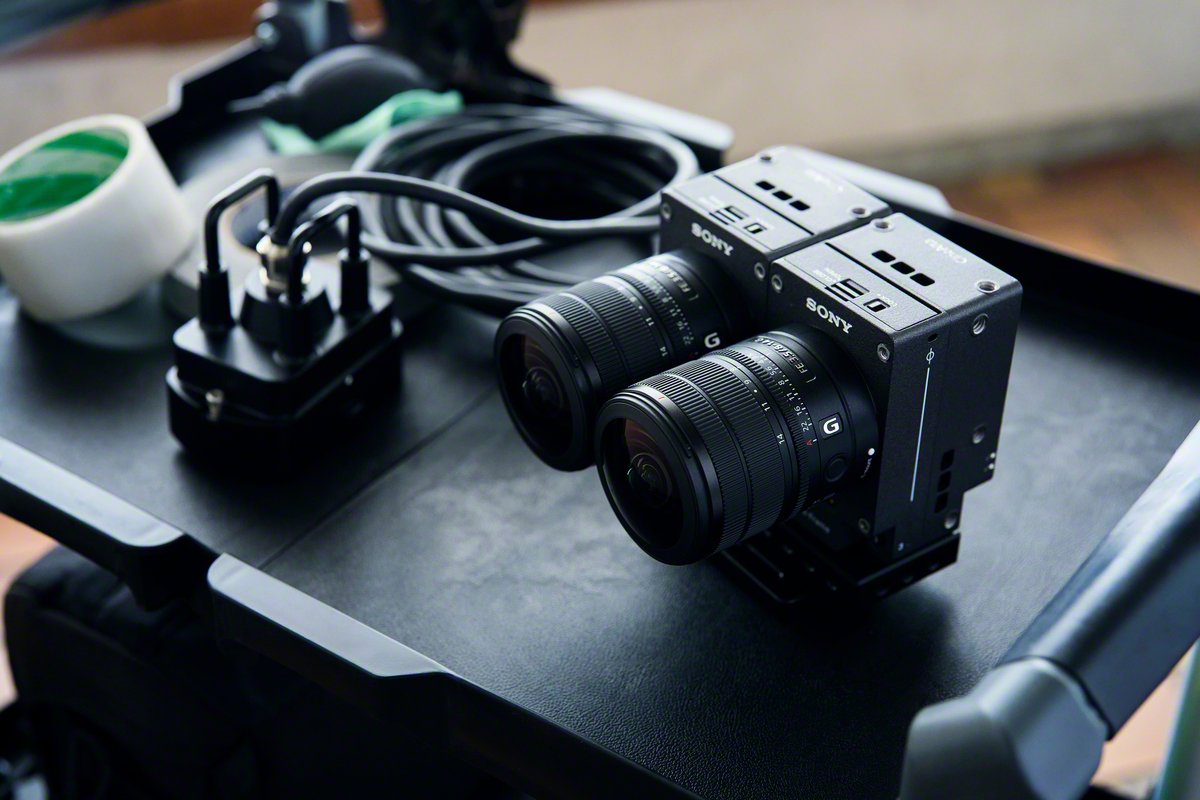 Two Sony VENICE Extension System Mini modules side by side, each fitted with an FE 8-14mm F3.5 Fisheye G lens for stereoscopic 3D and VR capture