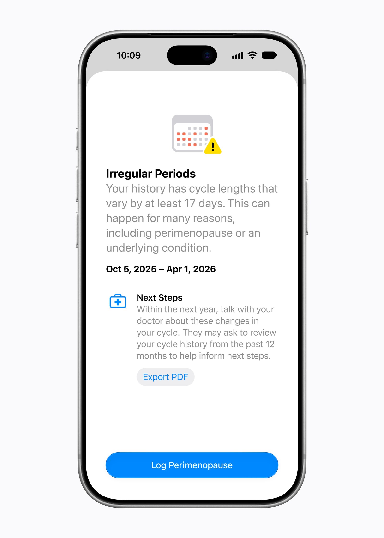 Perimenopause support in Cycle Tracking on iPhone 18 Pro, Apple press image