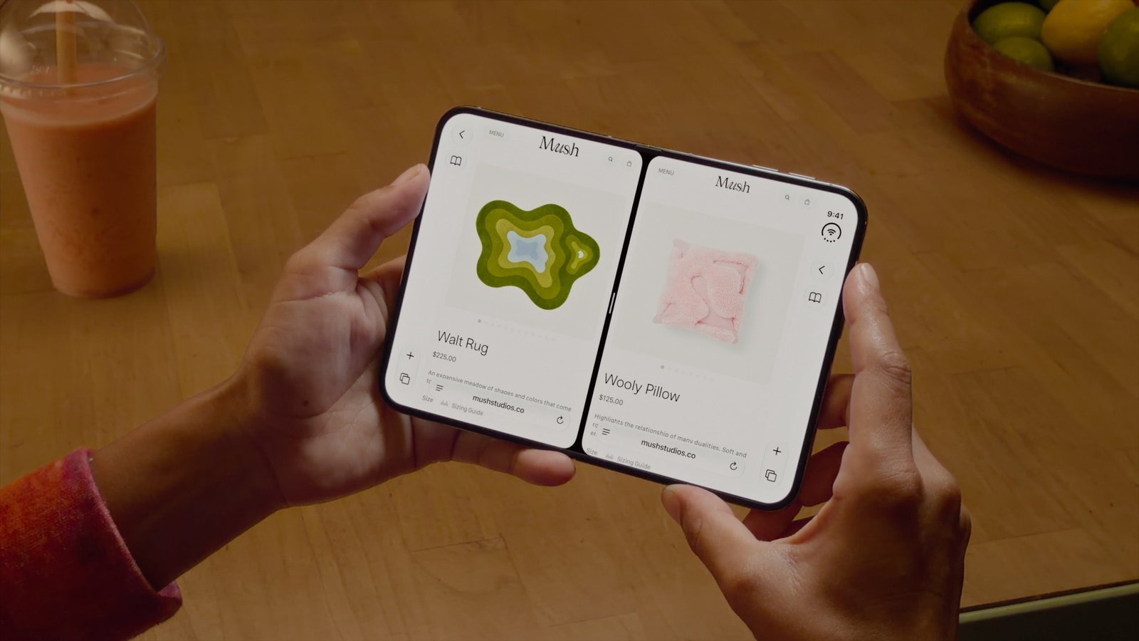 iPhone Duo Split View, two apps side by side on the inner display, Apple press image
