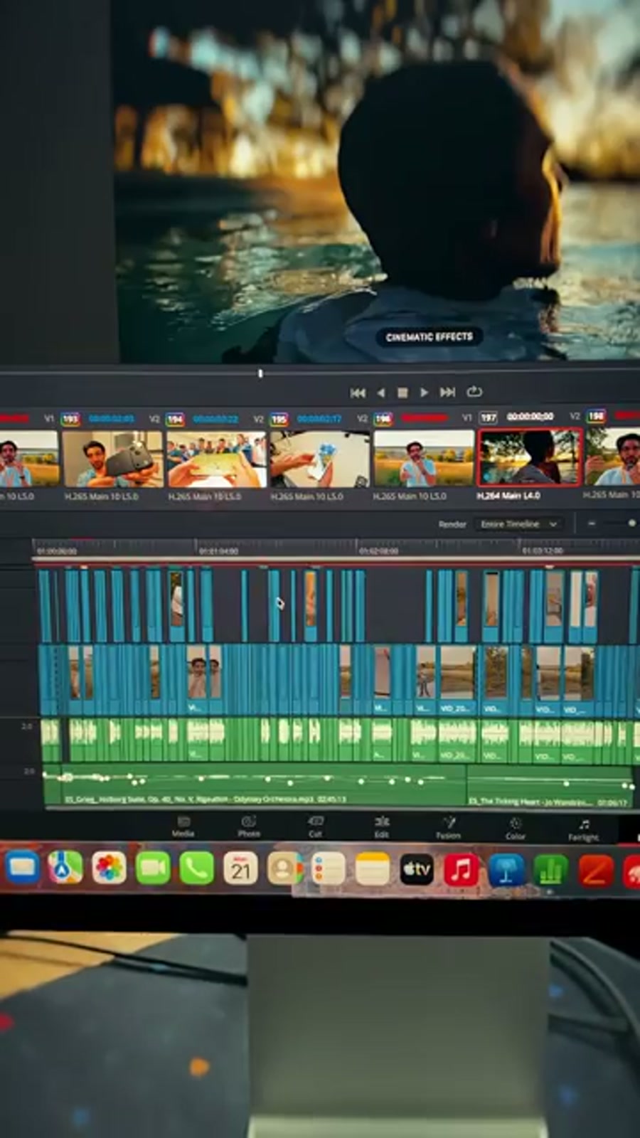 Mac mini M6 running DaVinci Resolve, color grading a sunset water shot with cinematic effects applied