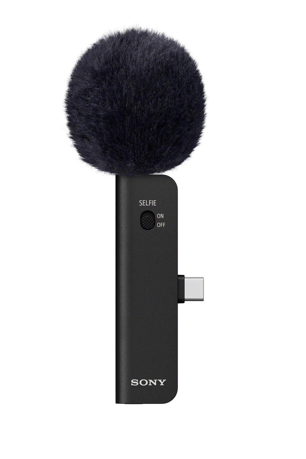 The Sony ECM-AX10 spatial audio microphone with its windscreen and USB-C connector