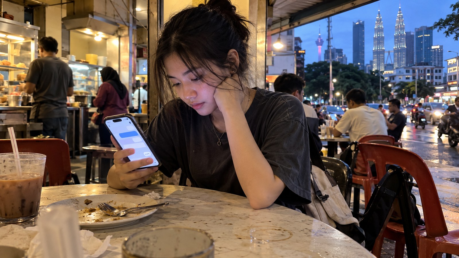 Ilustrasi foto seseorang di Kuala Lumpur menggunakan pembantu AI pada telefon di kedai kopi