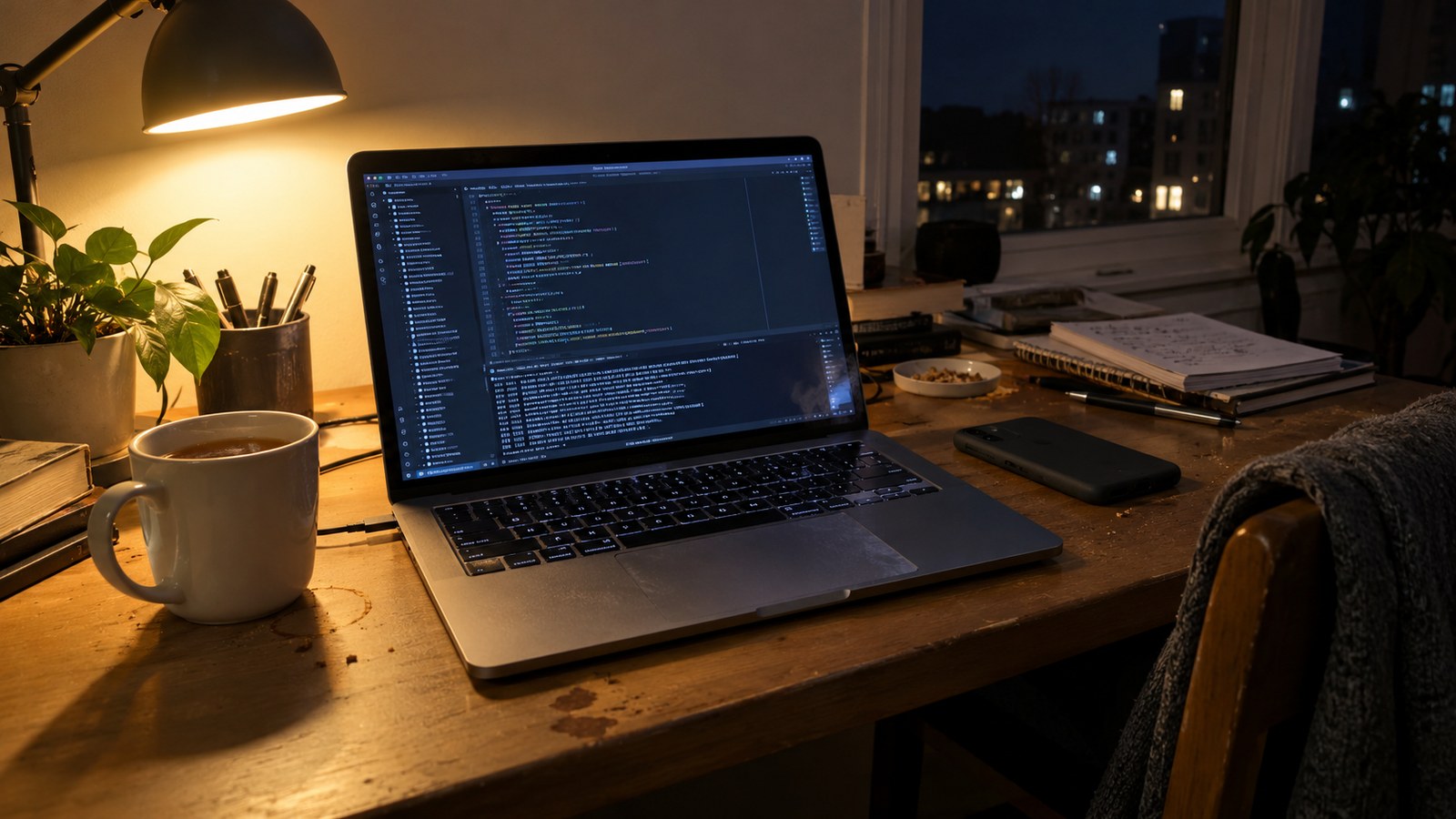 A laptop showing a code editor and terminal at night, photo illustration