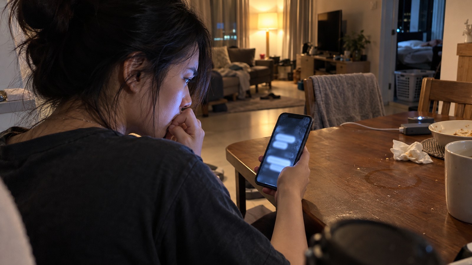 A person studies a message from an unknown sender on their phone at night