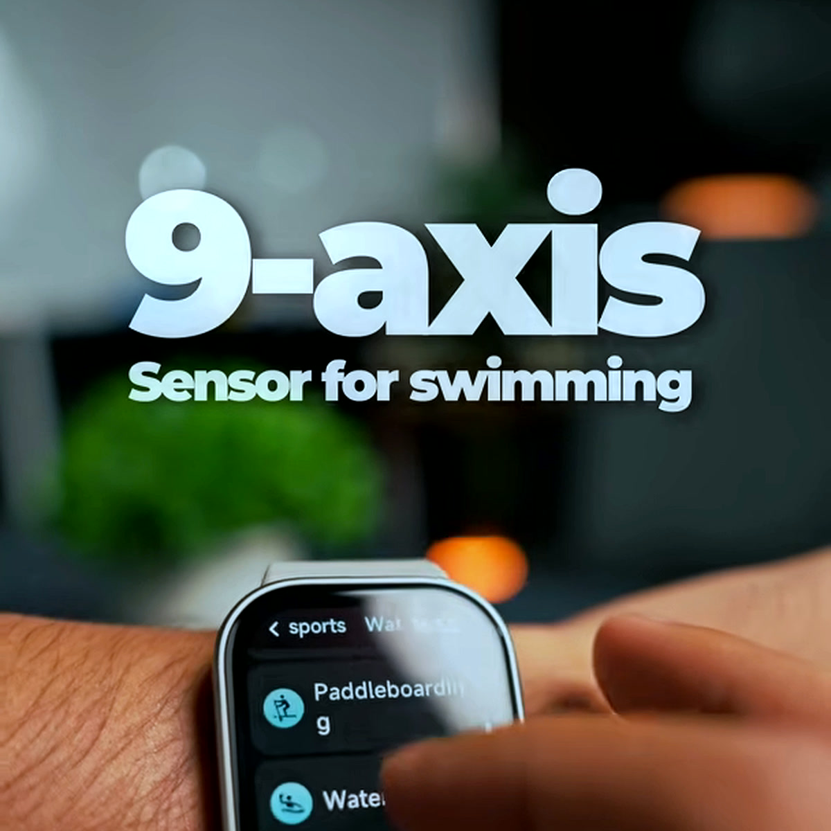 The Redmi Watch 6 Lite's sports menu scrolled to water sports, built on a 9-axis sensor for swim tracking