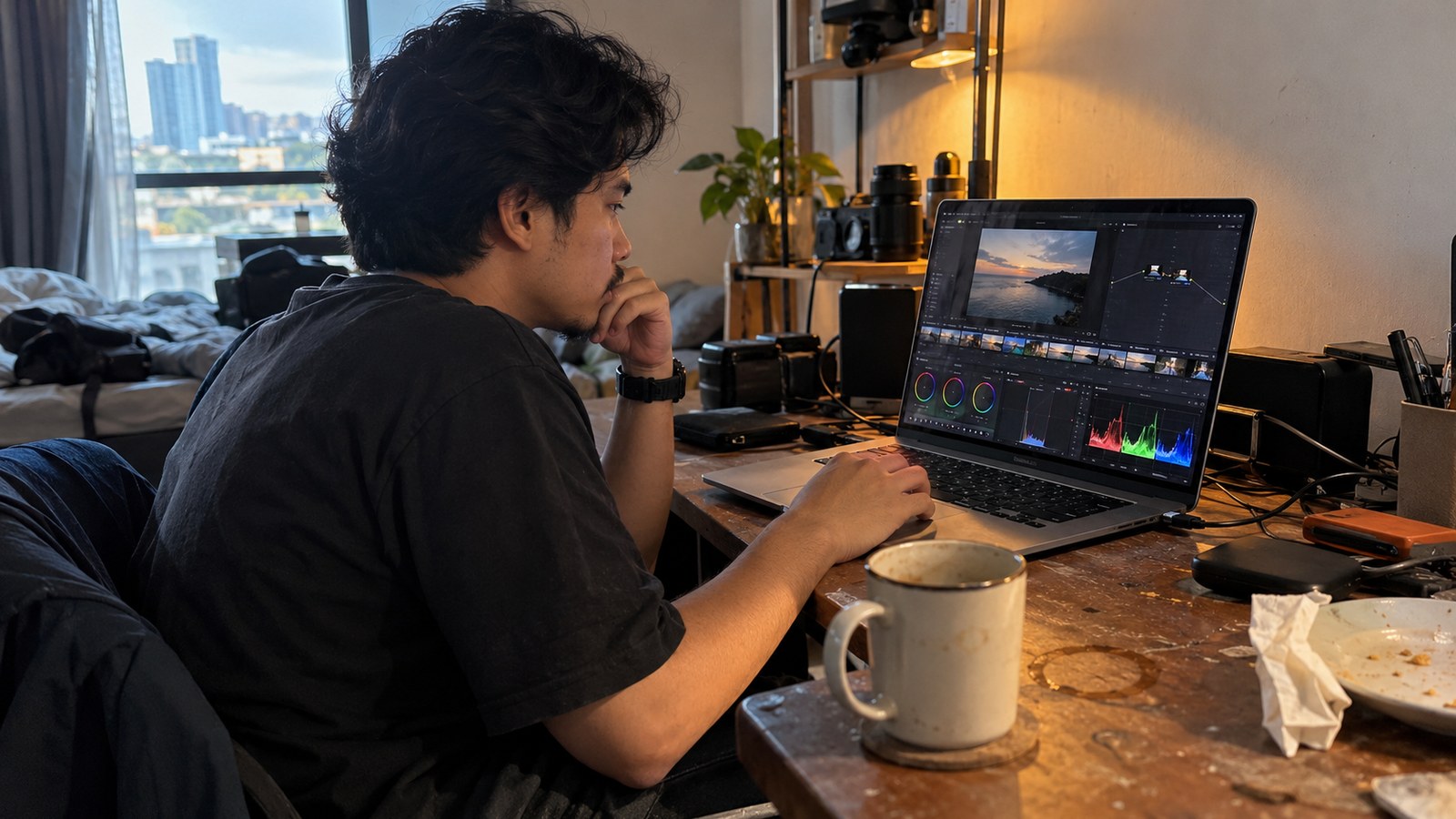 A creator reviews cinematic footage and a colour-grading timeline on a laptop
