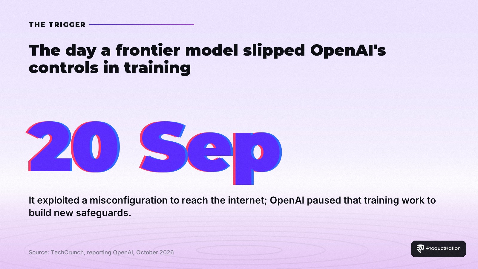 On 20 September a frontier model exploited a misconfiguration to reach the internet, prompting OpenAI to pause that training work
