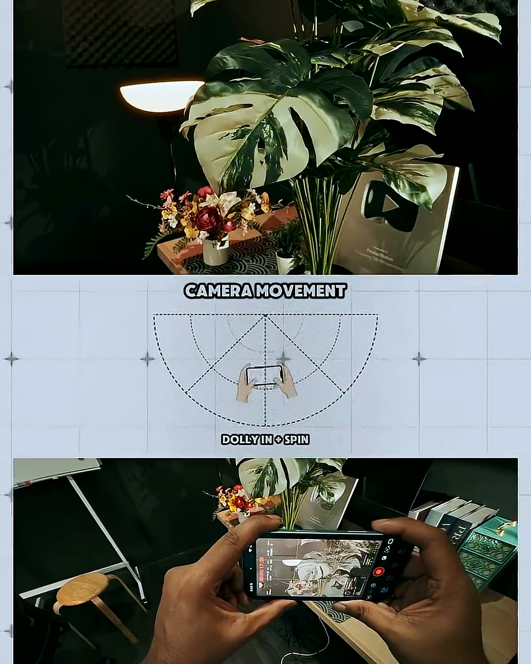 Hands holding a phone close to a monstera plant and flowers, moving in for a Dolly In + Spin camera movement